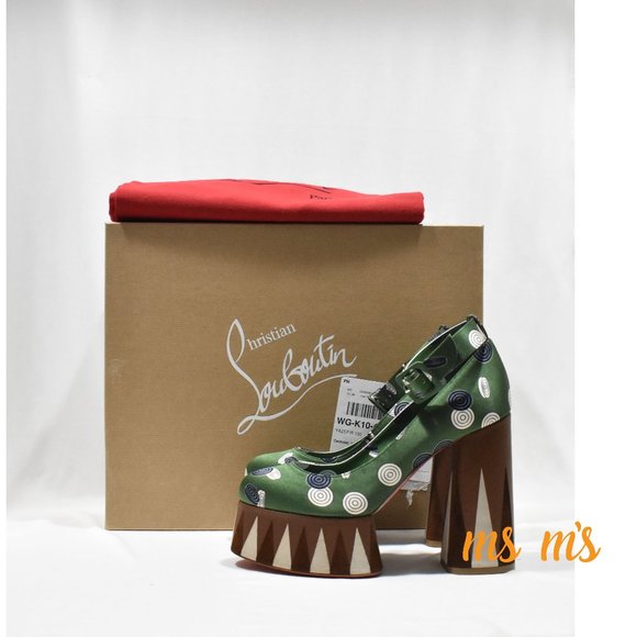 NIB Christian Louboutin Green Silk polka dot Platform Pumps Heels - Picture 1 of 9